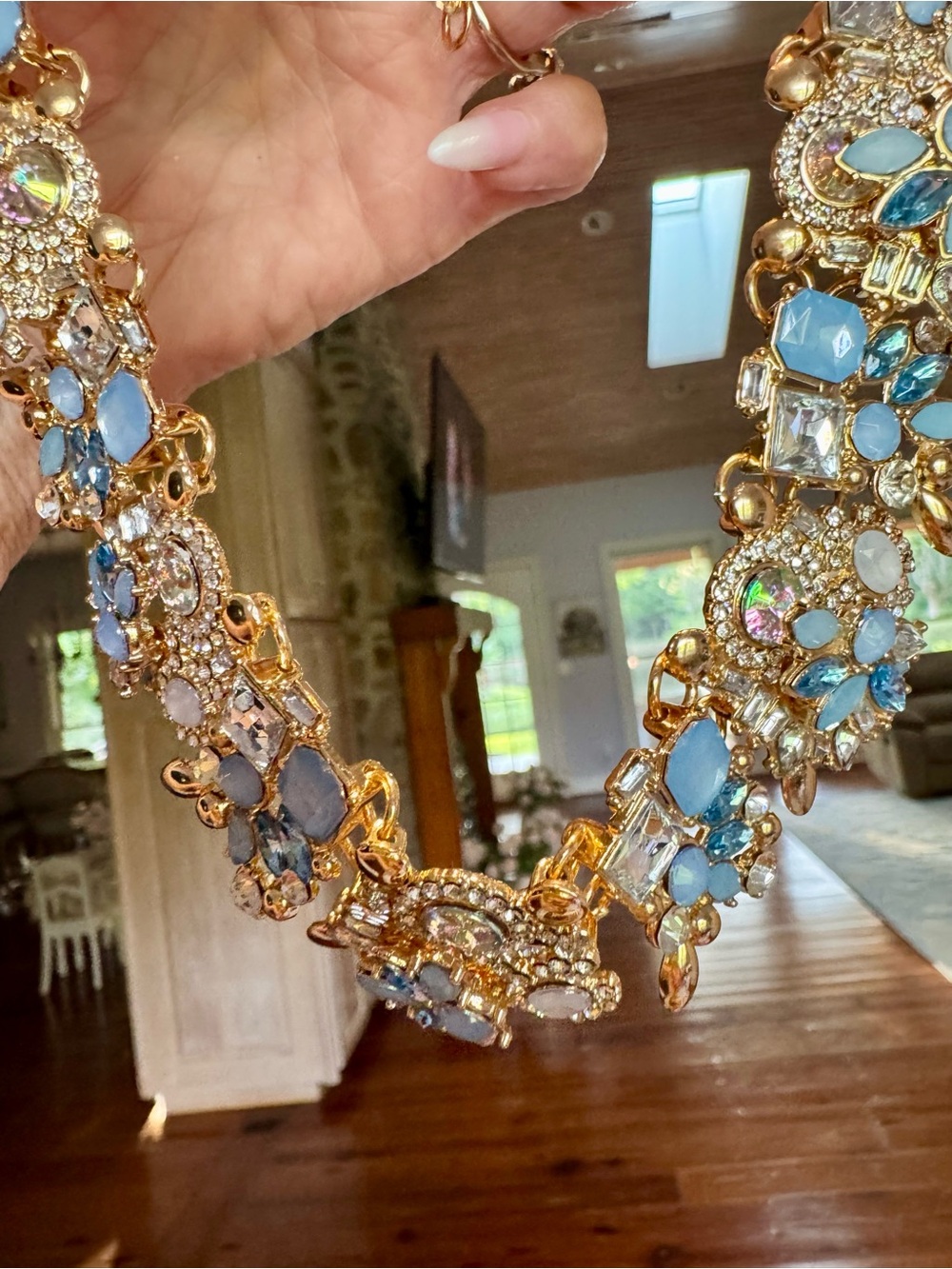 Gold-Tone Statement Necklace with Light Blue and Clear Crystals
